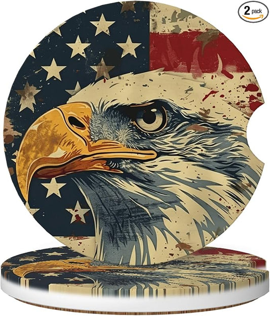 Absorbent Car Coasters for Cup Holders, 2 Pack Universal Anti Slip Ceramic Cup Coaster for Women Men 2.56 Inch Car Interior Accessories - Vintage Bald Eagle American Flag 012