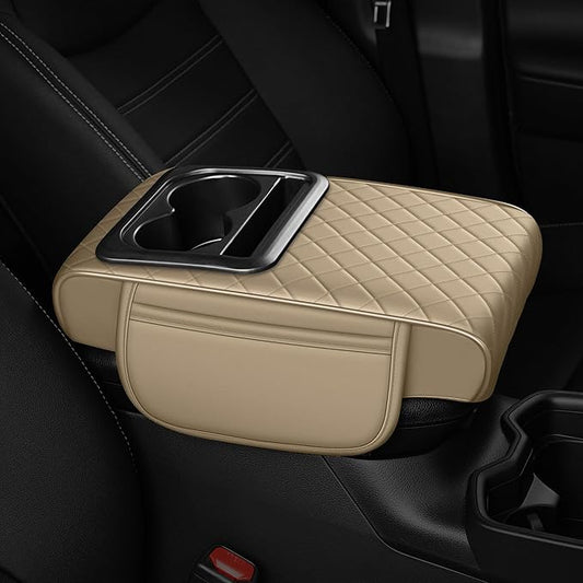 Armrest Cover for Car Fit for Jeep Cherokee Compass Gladiator Liberty Patriot Renegade Wrangler - Center Console Cover with Cup Holders and 2 Storage Pockets(Beige)