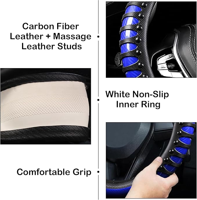 3D Massage Blue Carbon Fiber Leather Steering Wheel Cover, 14.5-15 Inch Non-Slip Breathable Microfiber Car Steering Wheel Protector