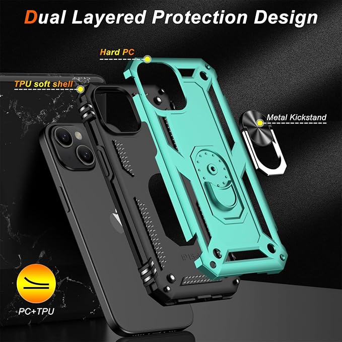 IKAZZ for iPhone 13 Case 6.1 Inch with Screen Protector,Military Grade Shockproof Heavy Duty Protective Phone Cover Pass 16ft Drop Test with Magnetic Kickstand Car Mount Holder,Turquoise