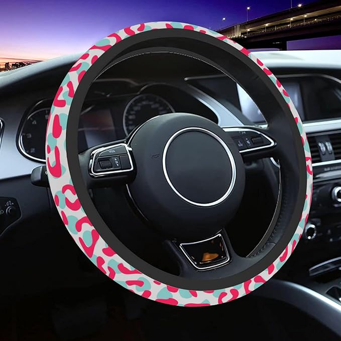 Unique Cheetah Leopard Print Steering Wheel Cover for Women Men Anti-Slip Breathable and Sweat Absorption Universal 15 Inch Steering Wheel Cover