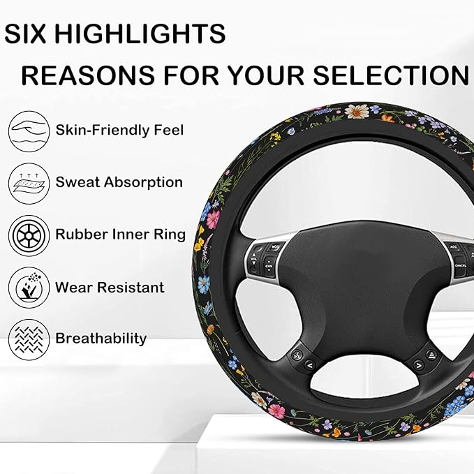 Wildflower Steering Wheel Cover, Flower Car Accessory for Diverse Cars, Steering Wheel Cover Non-Slip Breathable Fabric Absorbing Sweat Universal Car Accessories 14.5–15 inch