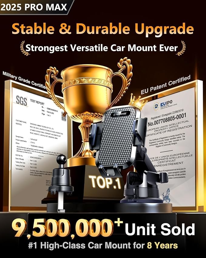 [2025 True Military-Grade] Car Phone Holder VANMASS [Upgraded Strongest Suction & Clip] Cell Phone Mount for Dashboard Windshield Vent Wall,Truck Cradle Stand for iPhone 17 Pro Max 16 15 14 13 Android