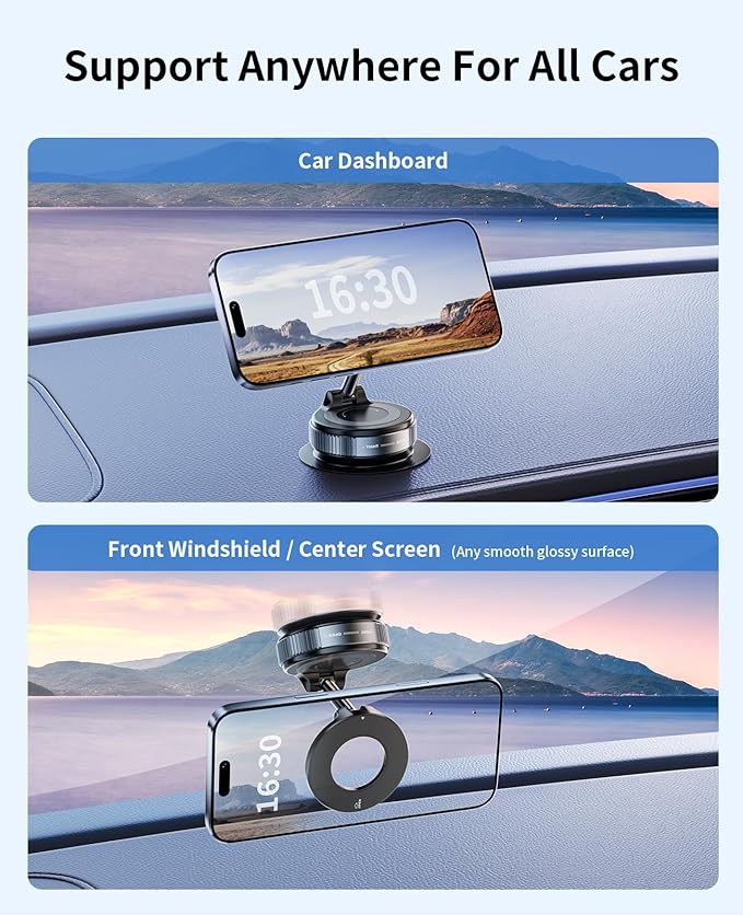 Suction Cup Phone Mount,Vacuum Magnetic Phone Holder for Car,360 Adjustable Vacuum Magnetic Phone Holder,Magnet Car Mount for All Smartphones & All Vehicle & Gym/Bathroom Mirror