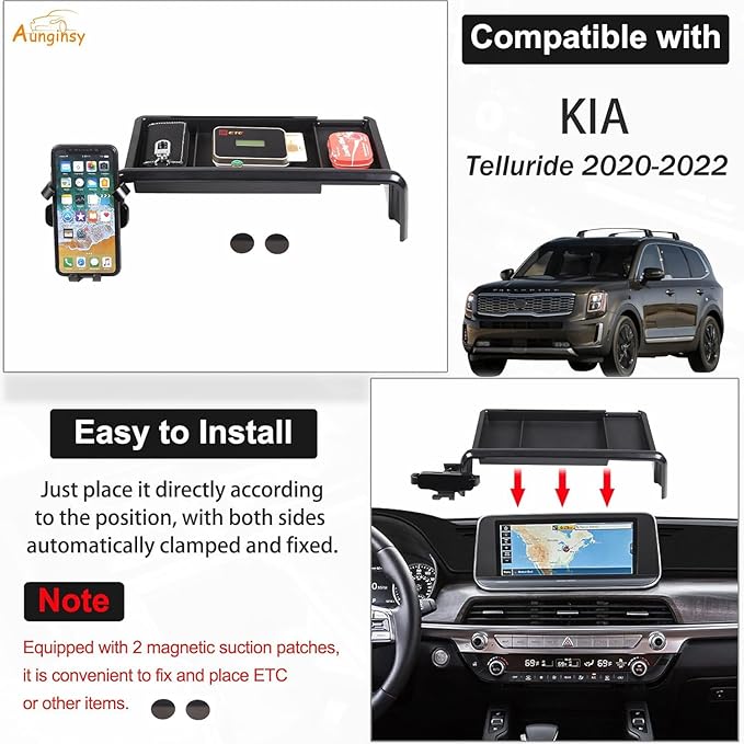 Aunginsy Center Console Dash Storage Tray with Phone Holder - Compatible with Kia Telluride 2020-2022 Dashboard Storage Box Organizer Mobile Phone Mount Bracket Interior Accessories