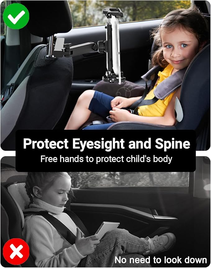 Headrest Tablet Holder for Car with Foldable Adjustable Arm, Long Trip Back Seat Car Tablet Mount Stand for iPad Pro/Air/Mini, Galaxy, 6.1-15.6" Devices and Thickness Cases [Up to 1.18"]