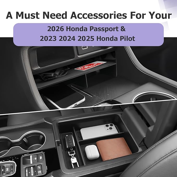 LUWU 2026 Honda Passport Accessories Compatible with 2023 2024 2025 Pilot & 2026 Passport Center Console Organizer, Armrest Storage Box Tray Organizer Insert Tray 2025 Pilot Accessories Black 2PCS