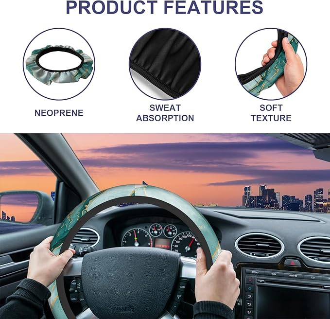 Green Marble Steering Wheel Covers Women Men Turquoise Marble Abstract Sea Wave Universal Steering Wheel Cover for Trucks Auto Vans Car Wheel Cover 15 Inch