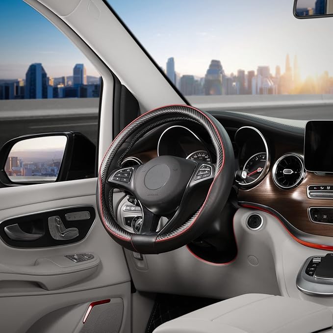 SEG Direct Car Steering Wheel Cover Universal Standard Size 14 1/2"-15" Leather with Carbon Fiber Pattern Black and Red