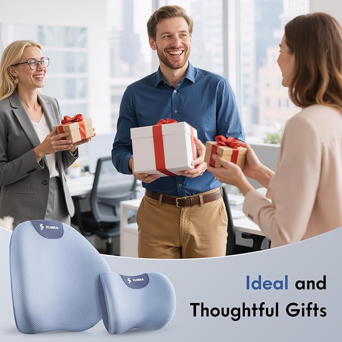 FLORICH Lumbar Support Pillow and Neck Pillow for Office Chair Car, Ergonomic Memory Foam Back Support for Office Gaming Chair Driving Seat Wheelchair, Relieves Neck, Back & Sciatica Pain – Blue