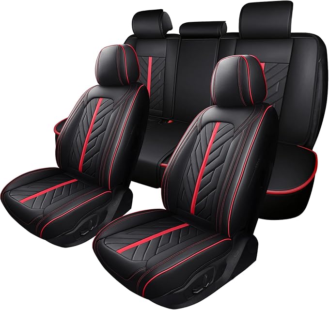 Tomatoman Car Seat Covers Full Set,Universal Automotive Waterproof Leather Vehicle Cushion Full Coverage Protectors Fit for Most Sedans SUV Pick-up Truck(Full Set/Black-Red)