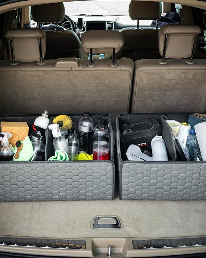 Owleys Foldable Trunk Organizer For Car - Trunk Organizers Car Storage - Collapsible Auto Trunk Organizer With Lid - Small And Large Cargo Organizer - Trunk Organization (Gray 21)