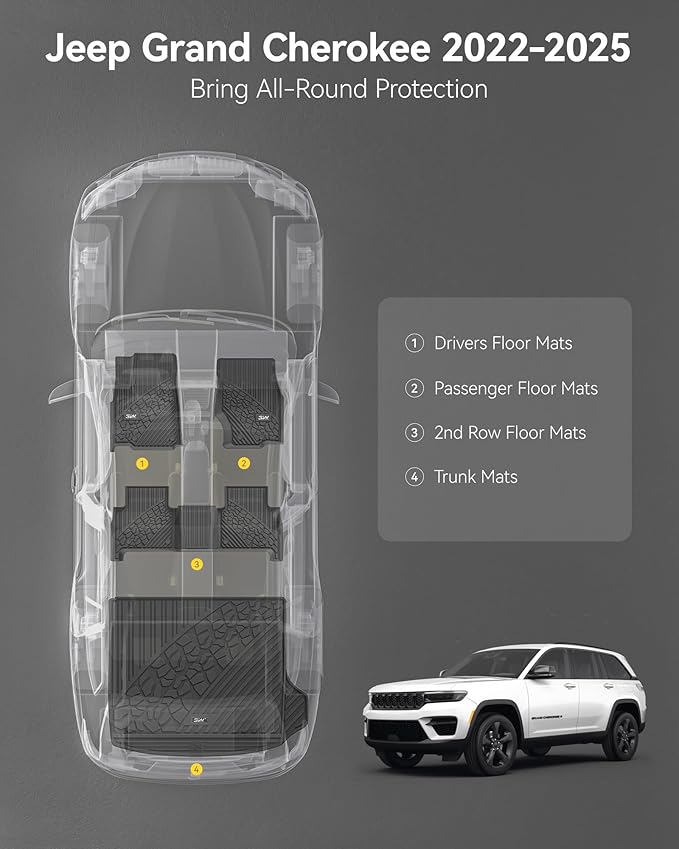 3W Floor Mats & Cargo Liner Fit for Jeep Grand Cherokee (Include 4xe Not L or WK) 2025 2024-2022,TPE All Weather Custom Fit Floor Liners for 1st 2nd Rows and Trunk Full Set Car Mats, Black