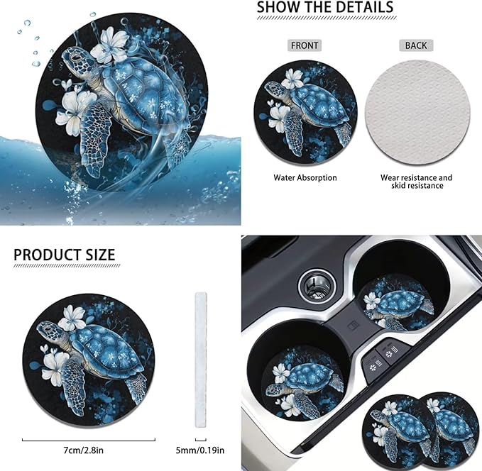 Blue Sea Turtle Steering Wheel Cover Sets Flower Print Car Accessories Handbrake Cover Cup Coaster Car Interiors Decor for Men Women 6pcs