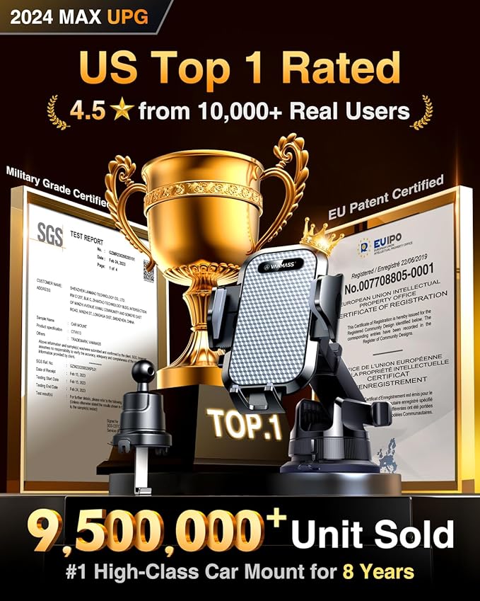 VANMASS [True Military-Grade] Car Phone Holder [Best Suction & Clip] Cell Phone Mount for Dashboard Windshield Vent Truck Cradle Dash Stand for iPhone 15 Pro Max 14 13 12 Android, White