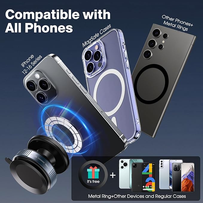 360° Rotatable Vacuum Magnetic Phone Holder, Adjustable Hands-Free Suction Cup Car Phone Mount for Car/Gym/Mirror/Smooth Surface, Compatible with iPhone Android and All Smartphones