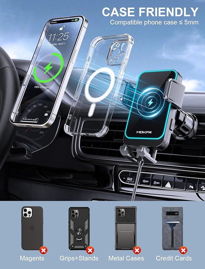 Wireless Car Charger, MOKPR 15W Fast Charging Auto Clamping Dashboard Windshield Air Vent Car Phone Holder with LED Light Car Charger for iPhone 16 15/14/13/12 Pro Max Plus, Samsung S23/S22/S21,etc