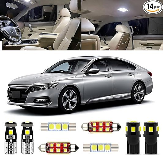 14pcs Interior Light Kit for Honda Accord 2013 2014 2015 2016 2017 2018 2019 2020 2021 2022 White 6000K LED Interior Light Kit + License Plate Light, Install Tool