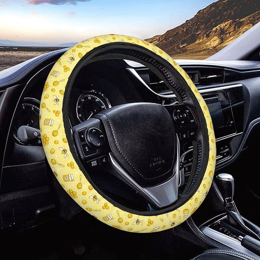 Dujiea Bees Honey Elastic Stretch Steering Wheel Cover, Anti-Slip and Durable Car Steering Wheel Accessories for Women Men, 15 Inch Universal Fit Car, Truck, SUV