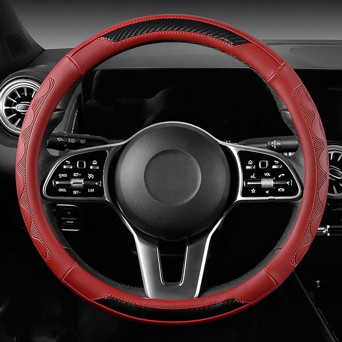 SEG Direct Car Steering Wheel Cover Medium Size 14 1/2"-15" Embossed Microfiber Leather with Carbon Fiber Pattern Red