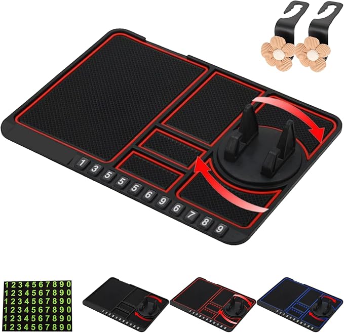 Anti-Slip Mat with Mobile Phone Holder, 2026 New Multifunction Car Anti-Slip Mat Auto Phone Holder, Extra Large Car Dash Accessories for Phone, Keys, Sunglasses (Red)
