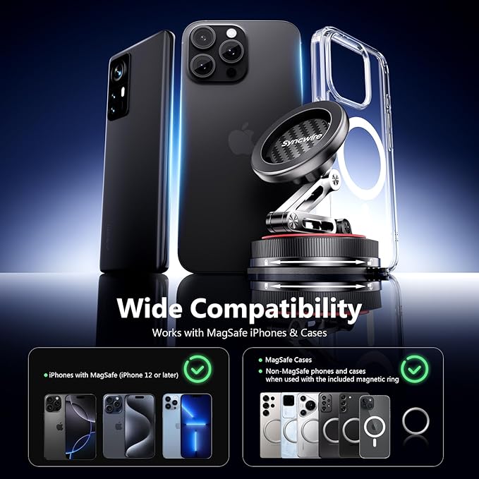 SYNCWIRE for MagSafe Car Mount [3-Axis] Nano Adhesive Gel + Strong Suction Cup Magnetic Phone Holder for Dashboard & Windshield, 360° Adjustable for iPhone 17 16 15 14 13 12, Samsung, Carbon Fiber