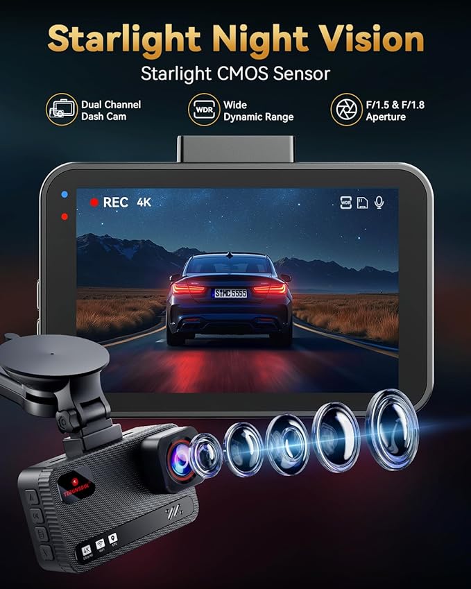 4K+4K Dash Cam Front and Rear, Free 128GB Card Included, 5.8GHz WiFi Dash Camera for Cars, Built-in GPS, G-Sensor, 170°Wide Angle, 3" IPS Screen, 24H Parking Mode, Support 512GB Max