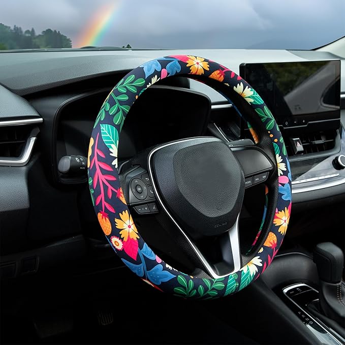 Strawberry Colorful Floral Steering Wheel Cover Auto Steering Wheel Protector, Anti-Slip, Breathable, Absorbing Sweat, Universal Floral Car Accessories 14.5–15 inch