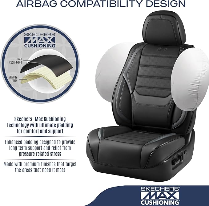 Skechers MAX Cushioning Seat Covers,Memory Foam Leather Car Seat Covers,Waterproof Car Seat Protector Front Seats,Car Seat Cushion Airbag Automotive Universal Fit for Most Cars,Vans,Trucks,SUV,Grey