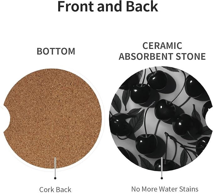 Absorbent Car Coasters for Cup Holders, 2 Pack Universal Anti Slip Ceramic Cup Coaster for Women Men 2.56 Inch Car Interior Accessories - Black Cherry 021