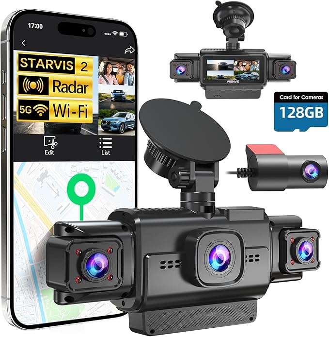 4 Channel 360° Radar Dash Cam Front and Rear Camera for Cars, STARVIS 2 Sensor, Free 128GB Card Included, 24H Parking Mode, 5.8GHz WiFi, Built-in GPS, G-Sensor, 8 IR Night Vision, 170°Wide Angle