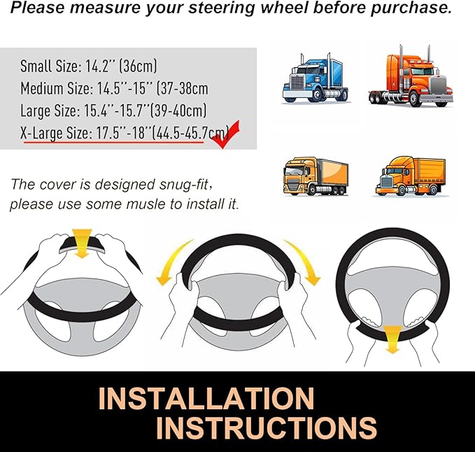 PINCTROT XL Size 17.5-18 Inch Great Grip Steering Wheel Cover for Semi Truck, Fits RV, Big Rig Trucker, 18 Wheeler and Classic Cars, Anti-Slip Design 17.5-18 Inch (Black/Red Stitch)