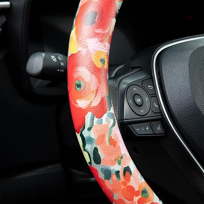Poppy Coral Pink Flowers Steering Wheel Cover Auto Jacquard Steering Wheel Protector, Anti-Slip, Breathable, Absorbing Sweat, Universal Car Accessories 14.5–15 inch,Fit for Most Car, Trucks, SUV