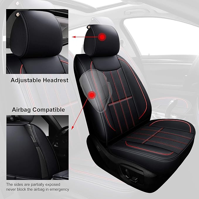 AOOG Leather Car Seat Covers for Cars SUV Pick-up Truck, Universal Front Pair Black&Red