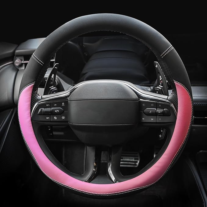 Valleycomfy Microfiber Leather Steering Wheel Cover Large-Size for F150 F250 F350 Ram 4Runner Tacoma Tundra Range Rover Model S X with 15 1/2 inches-16 inches Outer Diameter Pink