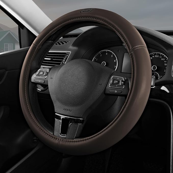 Skechers Memory Foam Steering Wheel Cover,Grade Protein Leather Steering Wheel Cover,Universal Anti-Slip Fit 14" 1/2-15" Car Wheel Cover for Men Women Fit Suvs,Vans,Sedans,Car,Trucks,Brown