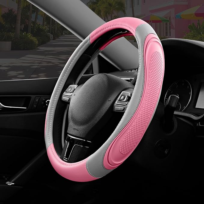 Road Comforts Car Steering Wheel Cover - Microfiber Leather Steering Wheel Wrap Sports 14.5-15 Inch Steering Wheel Cover Non-Slip for Men Women Pink & Gray Color