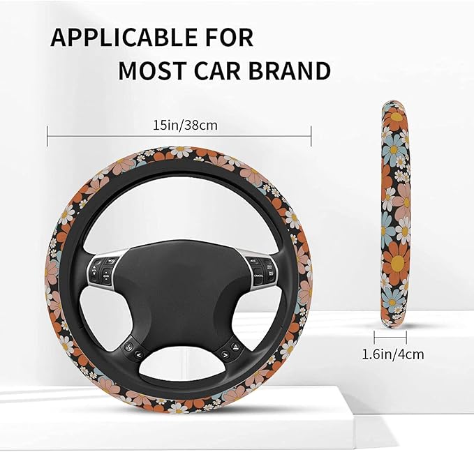 Steering Wheel Cover, Retro Flower Daisy Steering Wheel Cover for Women Men Anti-Slip Breathable and Sweat Absorption Universal 15 Inch Steering Wheel Protector Daisy Car Accessories