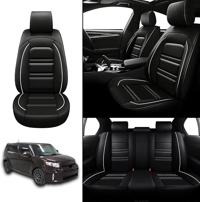 Seat Covers for Scion xb 2004-2015 | 5-Seats Leather Seat Covers, Easy to Install Automotive Seat Covers Full Set (Full Set, Black&White Line)