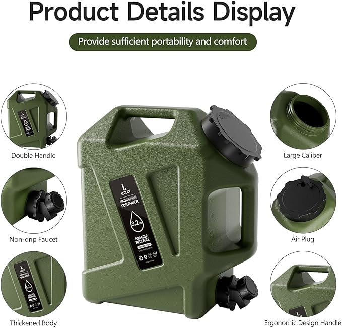 3.2GAL Camping Water Jug, Portable Water Storage Container with Spigot, Leak-Proof Lid & Dual Handles, Outdoor Water Tank for Camping, RV, Emergency Preparedness