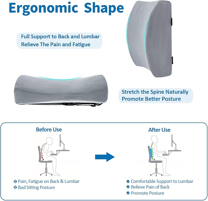 SAIREIDER Lumbar Pillow, Memory Foam Office Chair Back Support Pillows Back Pain Relief Improve Posture, Lumbar Support Pillow for Car、Gaming Chair、 Home Chair, Double Adjustable Straps(Grey)