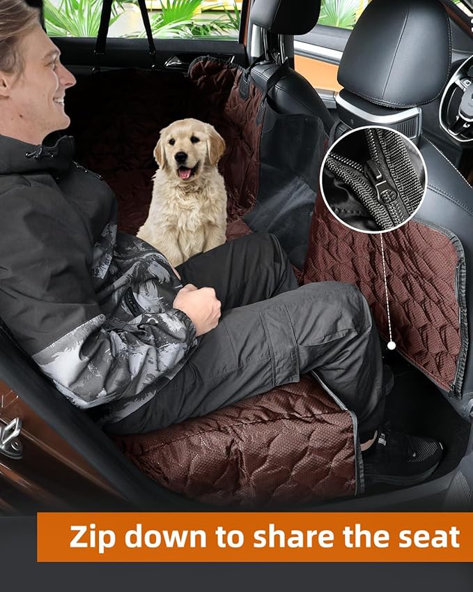 PETICON Dog Car Seat Cover with Mesh Window, 100% Waterproof Pet Seat Cover for Back Seat, Scratchproof Dog Hammock for Cars, Trucks, SUVs, Jeeps, Brown