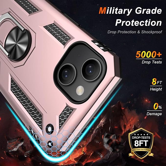 IKAZZ for iPhone 14 Plus Case 6.7 Inch with Screen Protector,Military Grade Shockproof Heavy Duty Protective Phone Cover Pass 16ft Drop Test with Magnetic Kickstand Car Mount Holder,Rose Gold