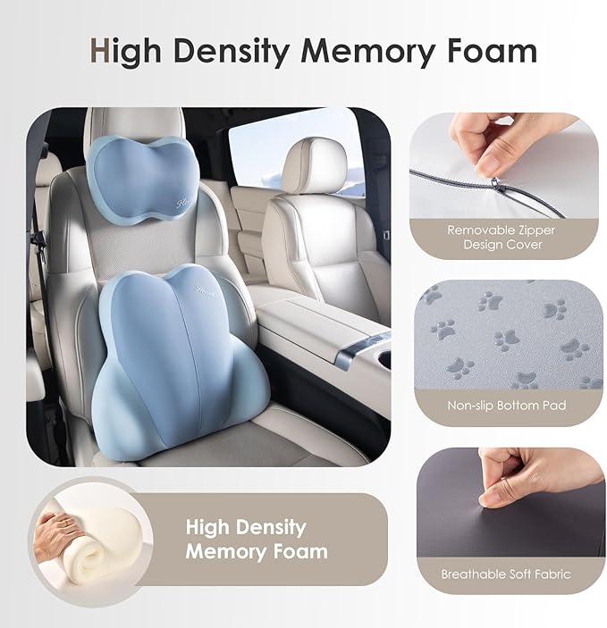 FLORICH Lumbar Support with Car headrest Back Pillow for Chairs Headrest Pillow for Car Ergonomic Ultrathick Memory Foam Back Pillow for Office Chair (Blue)