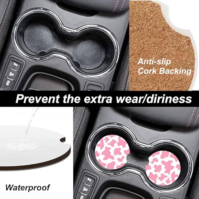 Pink Cow Print Absorbent Cup Holders Car Coasters,Ceramic Stone Drinks Coaster Set for Women Man 2.56"(2 Pack)