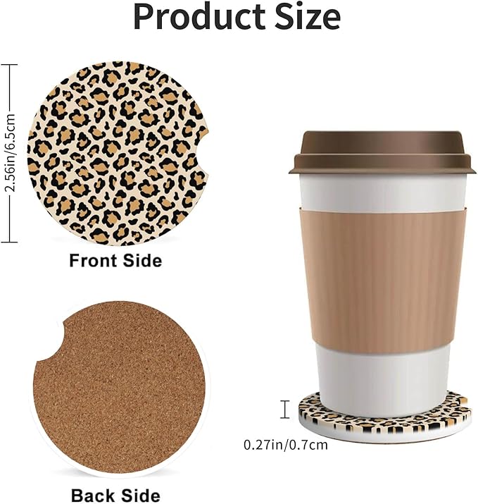 Absorbent Car Coasters for Cup Holders, 2 Pack Universal Anti Slip Ceramic Cup Coaster for Women Men 2.56 Inch Car Interior Accessories - Vintage Brown Leopard 002