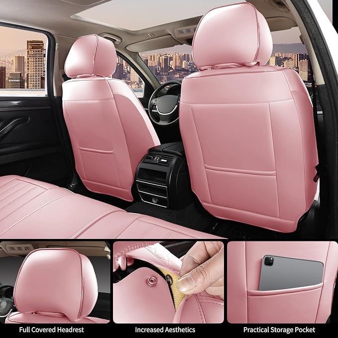 Pink Car Seat Covers Fit for Corolla Cross RAV4 Kona HR-V CRV UX,Waterproof and Breathable Automotive Seat Covers Full Set, Front and Rear Leather Seat Covers.