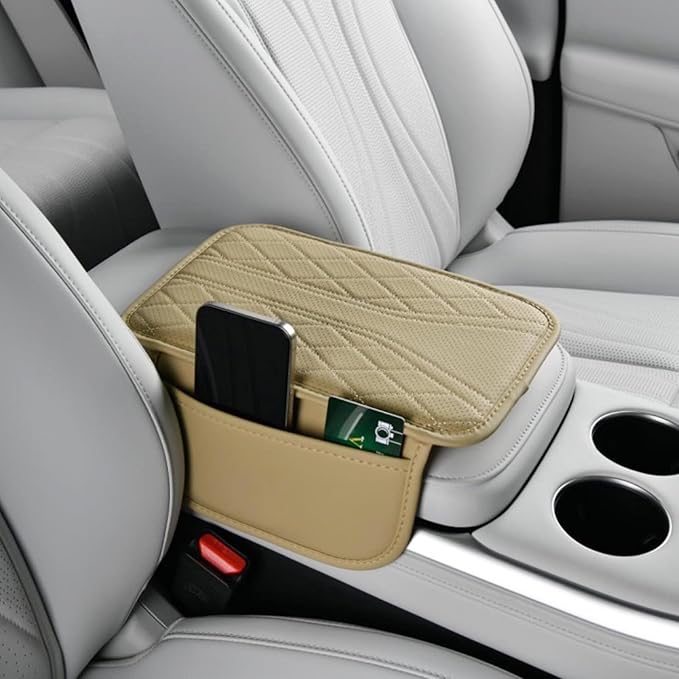 Upgraded Car Center Console Cover Microfiber Leather Armrest Cover Cushion with 2 Storage Bags&Universal Car Armrest Storage Box Universal Car Interior Accessory (2 Pockets, Beige)