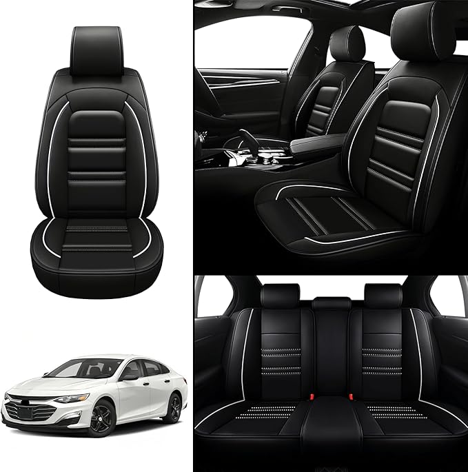 Seat Covers for Malibu 2004-2025 | 5-Seats Leather Seat Covers, Easy to Install Automotive Seat Covers Full Set (Full Set, Black&White Line)