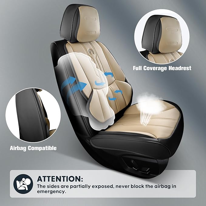 AOOG Front Seat Covers, Car Seat Covers Front Seats, Leather Seat Covers for Cars, Waterproof Seat Covers with Lumbar Support Universal Fit for Most Cars SUV Trucks(Front Pair, Beige&Black)